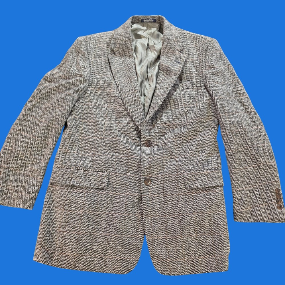 Burberry London Mens Grey Herringbone Windowpane Wool Blazer Sport Coat USA Made